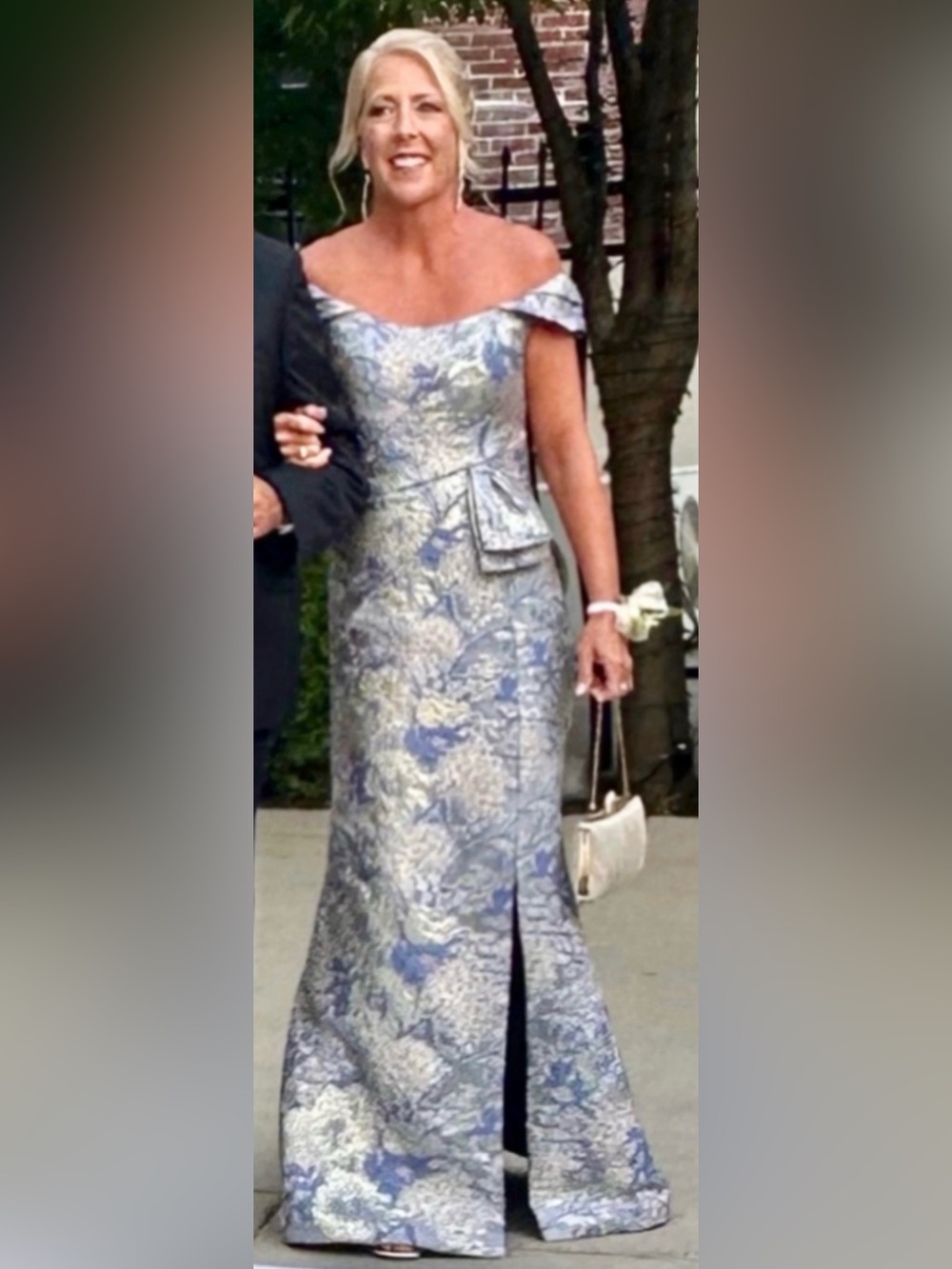 Elegant Blue and Silver Brocade Off-Shoulder Dress by Janique